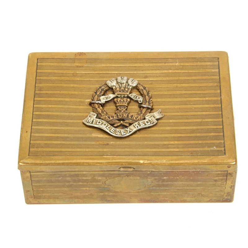 Original British WWI Middlesex Regimental Brass Cigarette Box