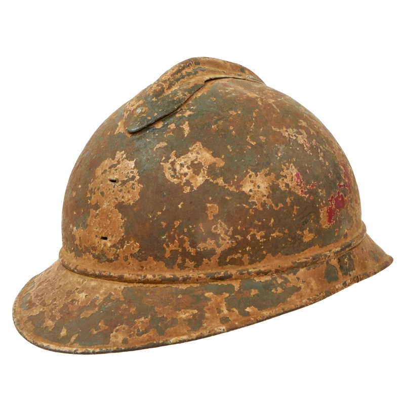 Original French WWI Issue Model 1915 Adrian Helmet Shell with Heavily Worn White Paint with Medic’s Red Crosses & Infantry RF Badge Shadow – Liner & Chinstrap
