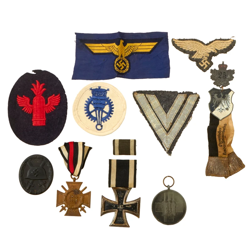 Original German WWI – WWII Award and Insignia Grouping with 1914 EKII, Hindenburg Cross, Eastern Medal, and More – 10 Items