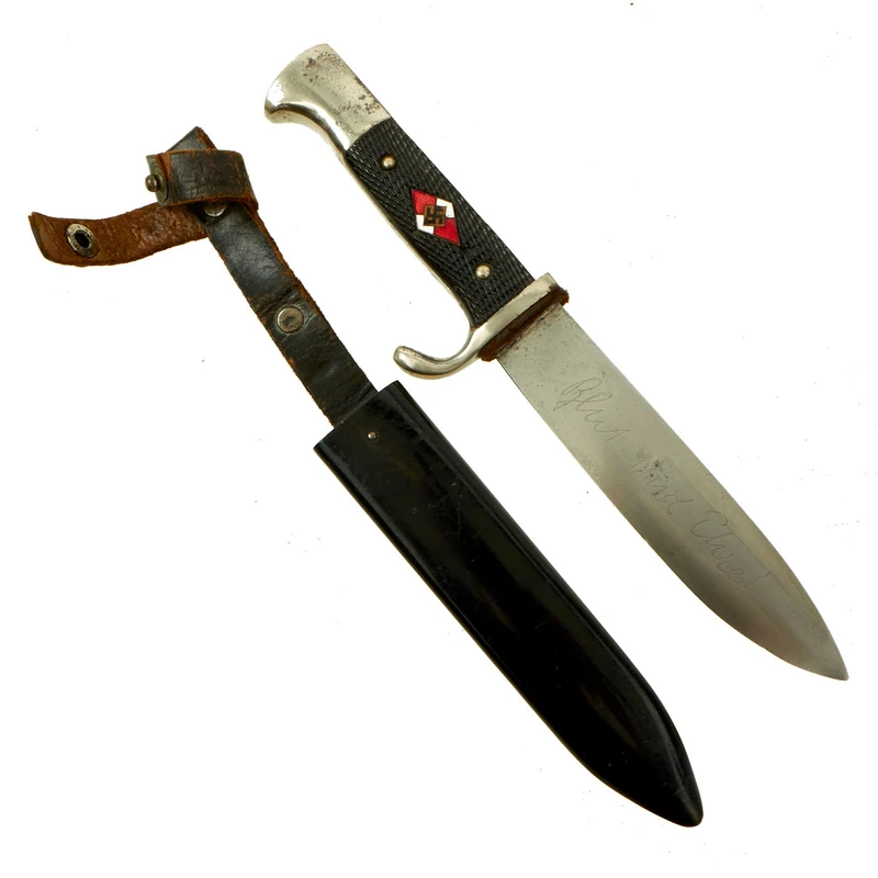 Original German WWII Early Period HJ Knife by F. W. Backhaus of Solingen with Motto and Scabbard