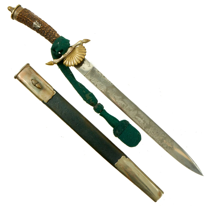 Original German WWII Hirschfänger Stag Handle Forestry Dress Cutlass by Ernst Pack & Söhne with Scabbard & Troddle Knot