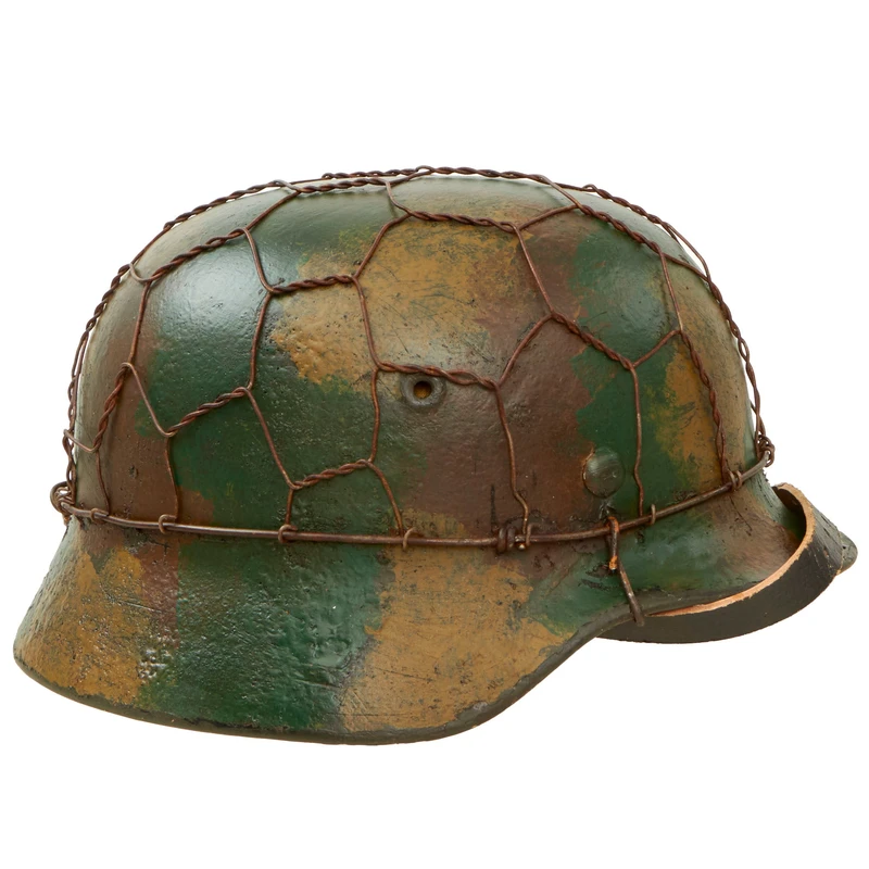 Original German WWII M40 Refurbished Chicken Wire Half Basket Normandy Camouflage SS Helmet – Stamped EF66