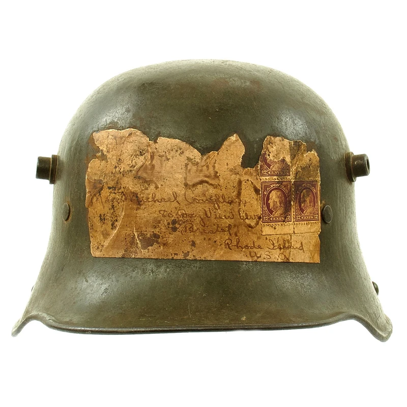 Original Imperial German WWI M16 Stahlhelm Helmet with Attached Bring Back Mailing Label – B.F.64.