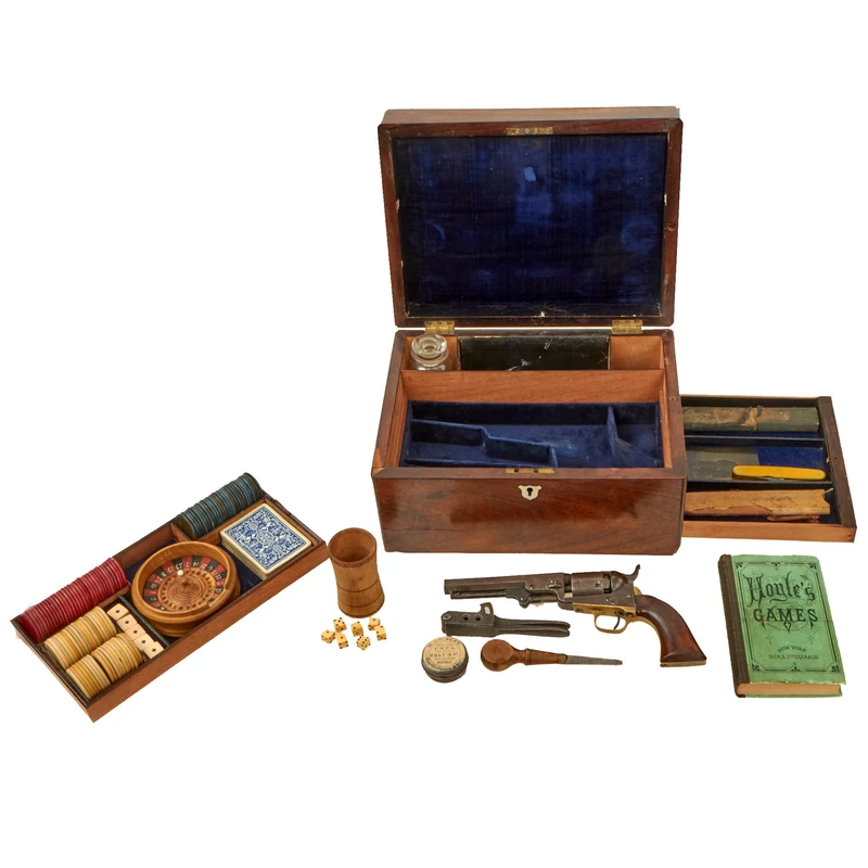 Original U.S. Wild West Cased Gambling Set with Poker Chips, Cards, Dice, Miniature Roulette Wheel, Colt M1849 Pocket Revolver Serial 96411 and Accessories