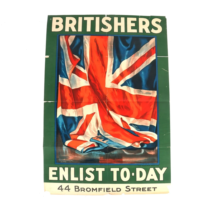 Original U.S. WWI British Expatriate Recruiting Poster “Britishers Enlist To-Day” with Guy Lipscombe Artwork – 26 ¾ ” × 40 ¾ “