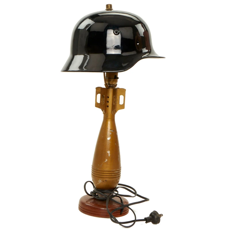 Original U.S. WWII 81mm Mortar Trench Art Lamp With German M40 Helmet Shell Lamp Shade – Functional