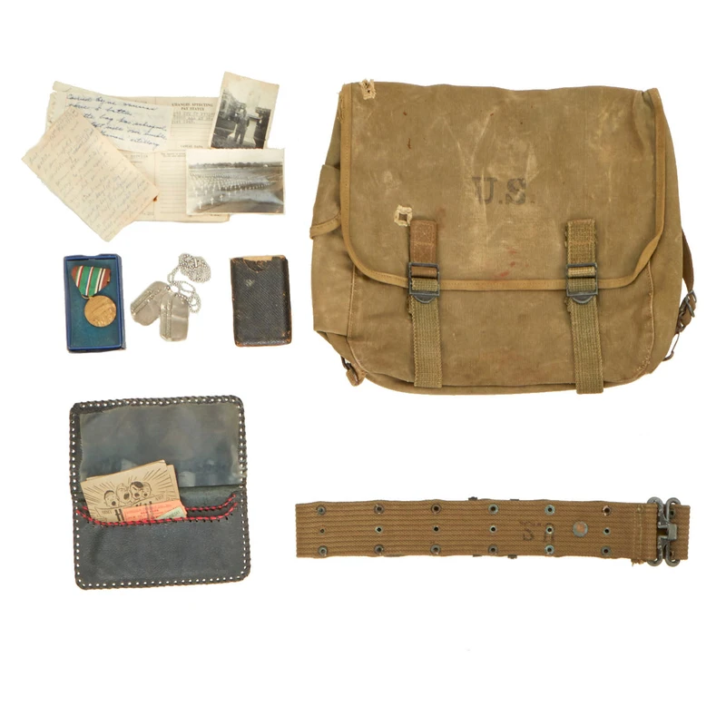 Original U.S. WWII Battle Damaged Musette Bag and Personal Effects of PFC Francis A. Lamontagne – 569th Anti-Aircraft Artillery Battalion