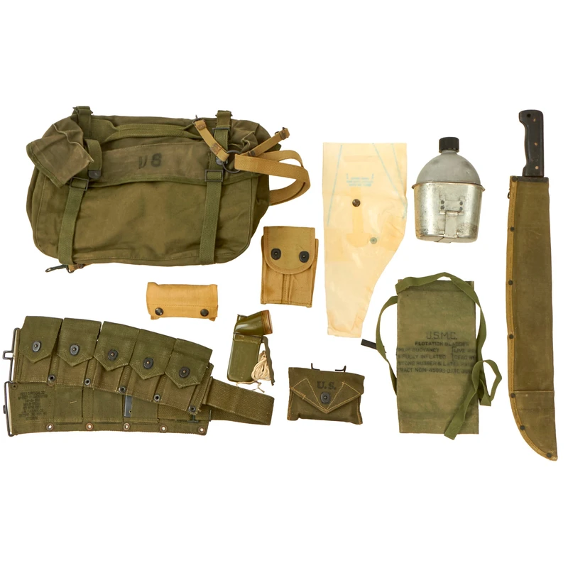 Original U.S. WWII & Korean War Era G.I. Field Gear Lot Featuring Machete, Cartridge Belts, and First Aid Pouches with Carlisle Bandages – 10 Items