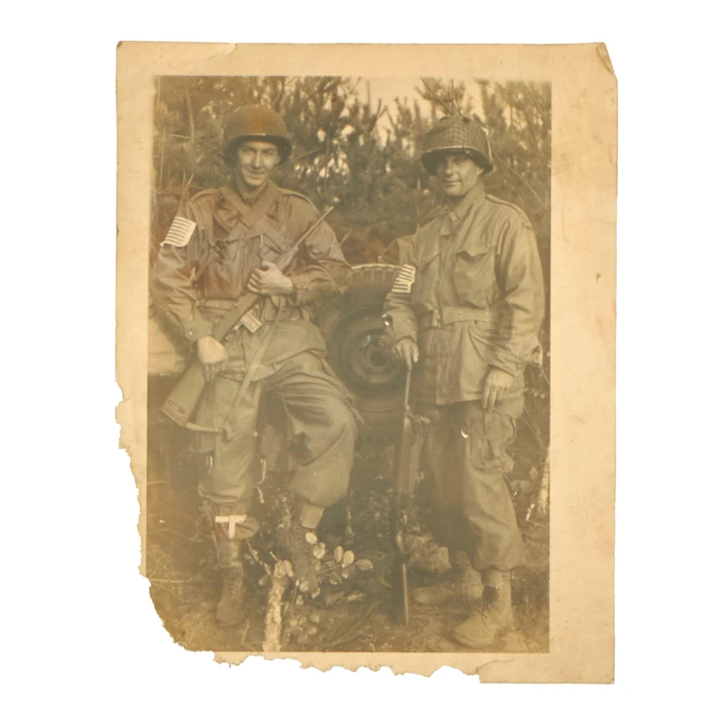 Original U.S. WWII Photo of Paratroopers in Full Gear with M1 Carbines & Boot Knives – Damaged – 11 x 14”