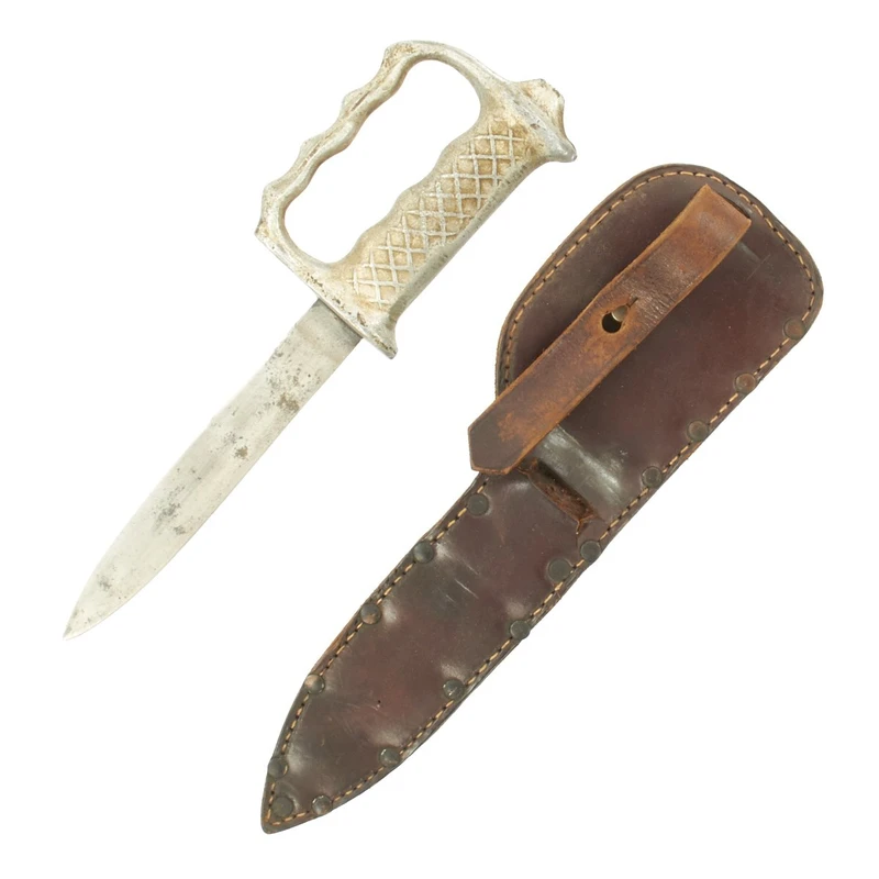 Original U.S. WWII Theater Made Knuckle Fighting Knife with Aluminum Grip and Leather Belt Sheath